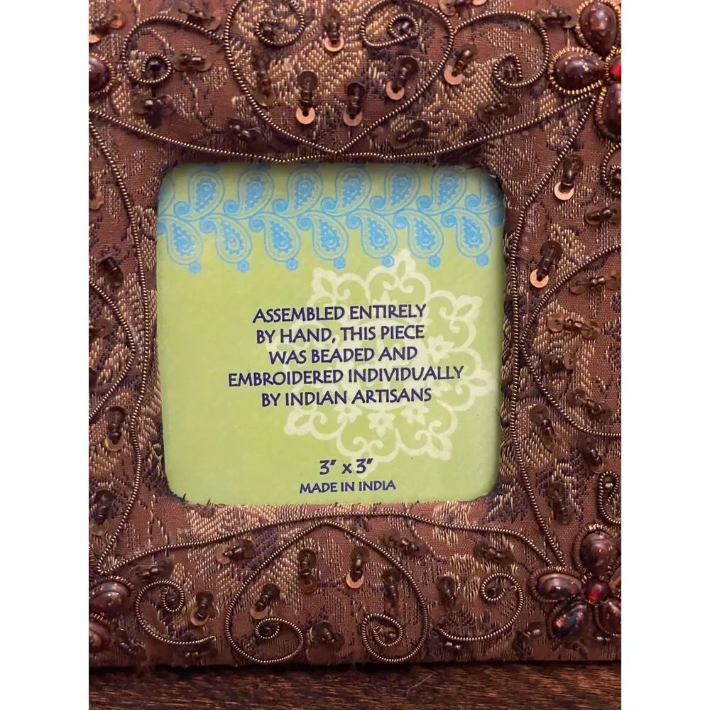 Handmade Indian Beaded Embroidered Photo Frame 3x3 Zari Floral Boho Brown